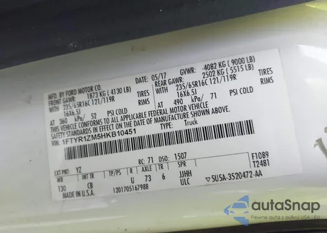 2017 Ford Transit-250 z USA, uszkodzony, nr VIN 1FTYR1ZM5HKB10451